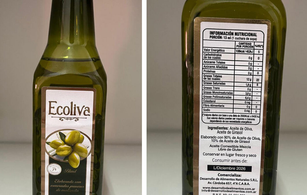 Retiran del mercado un lote de aceite comestible mezcla, libre de gluten marca Ecoliva